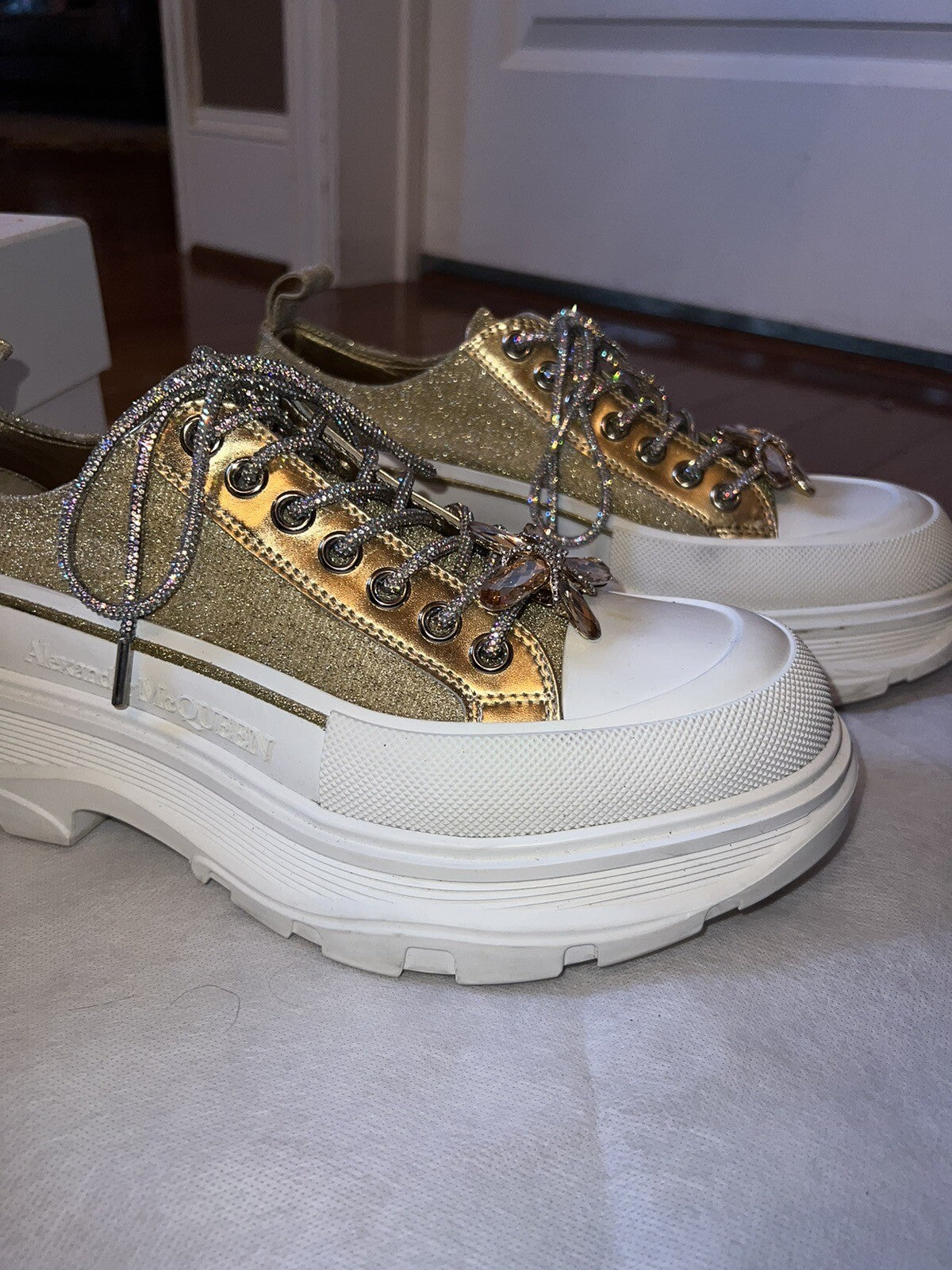 Alexander McQueen Tread Slick Gold Glitter Sneakers Retail $1180 Sz 42 US 10 Alexander McQueen