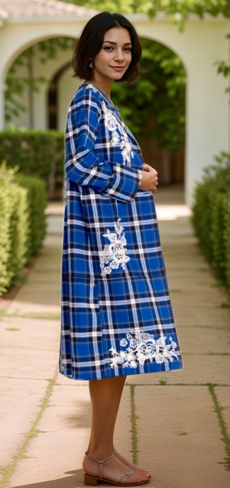 Johnny Was L Large Blue Plaid Trench Coat Jacket MIDI Embroidered Dragon Johnny Was