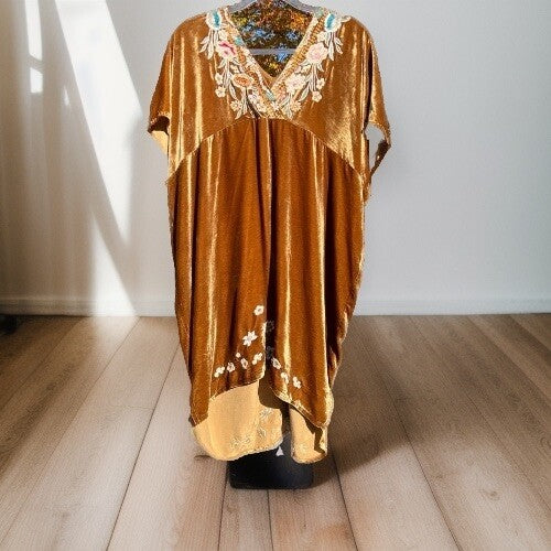 Johnny Was L Golden Velvet Embroidered Mini Dress Tunic Shift Top Babydoll LUXE Johnny Was