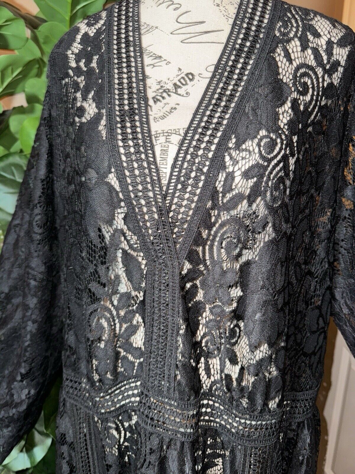 Johnny Was 2X 2XL Black Lace Long Maxi Dress Kimono Sleeves Empire Waist