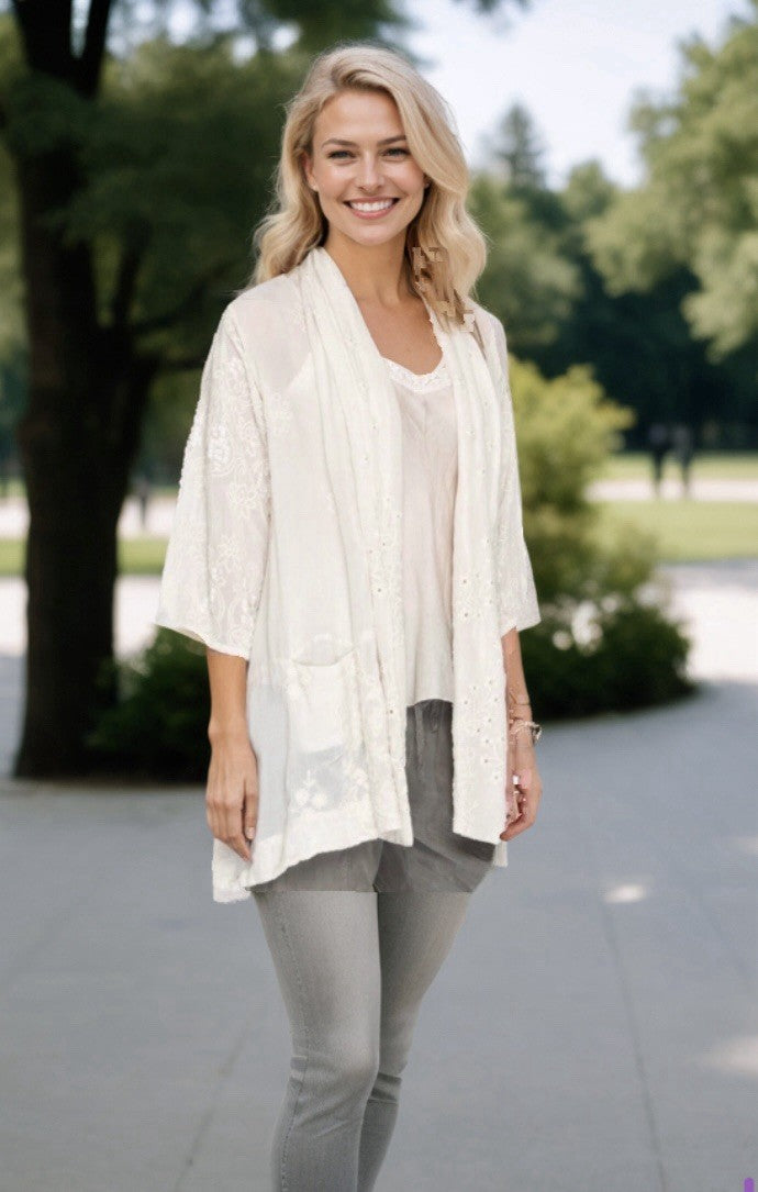 Johnny Was L Ivory Ecru Kimono Silky Embroidery & Lace Jacket Beach Wedding Wrap Johnny Was