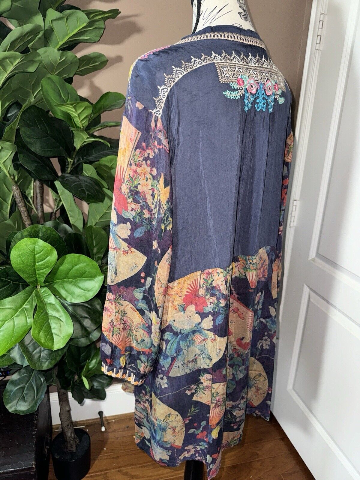 Johnny Was Silky Asian Fan Mini Dress Or Tunic Top Embroidered Sz XXL 2X 2XL