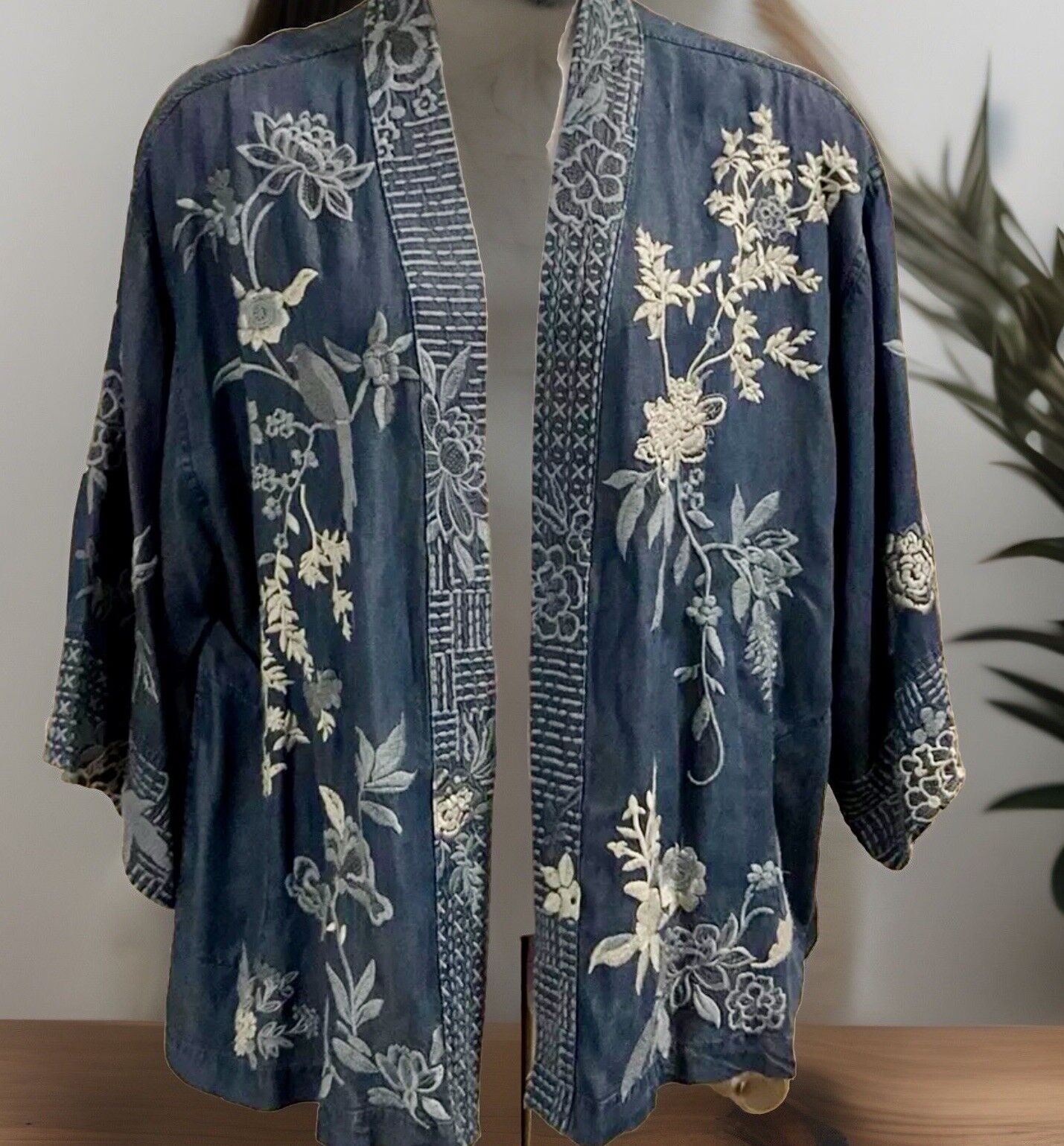 Johnny Was 3X 3XL Denim Kimono Embroidered Jacket Cardigan Wrap Coat Boho