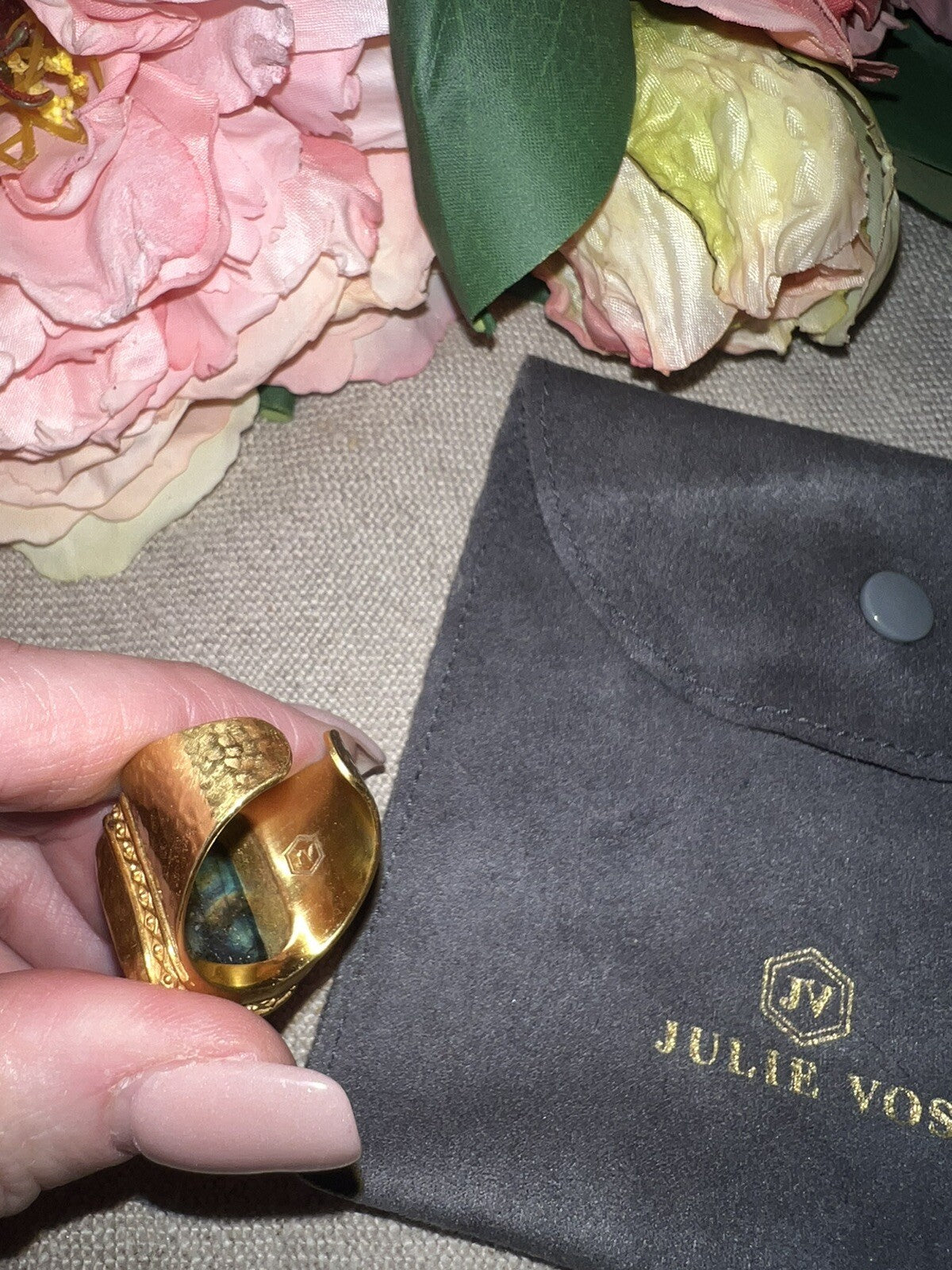Julie Vos Sz 9 Cuff Ring ADJUSTABLE Real Labradorite & 24k Gold Plated Julie Vos