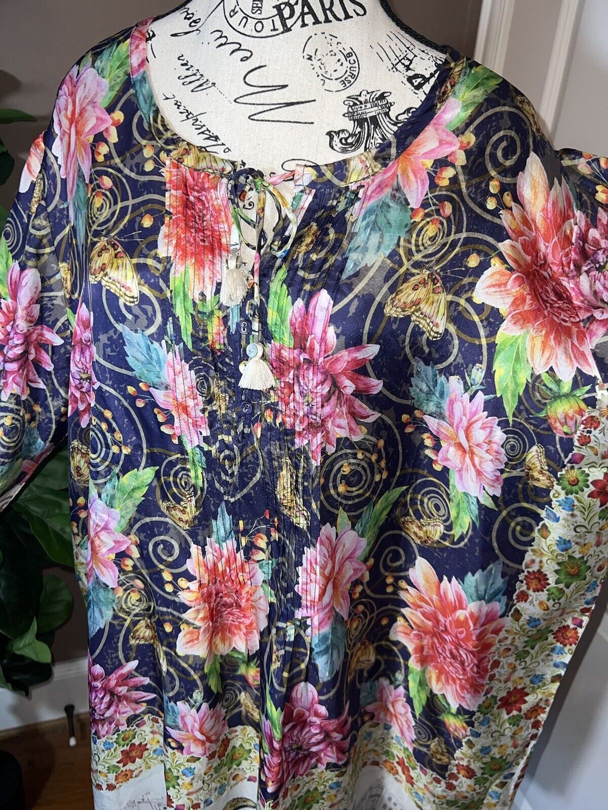 Johnny Was 100% Silk Tunic Top Tassels Jewel Tone XL 1X 1XL Floral &City