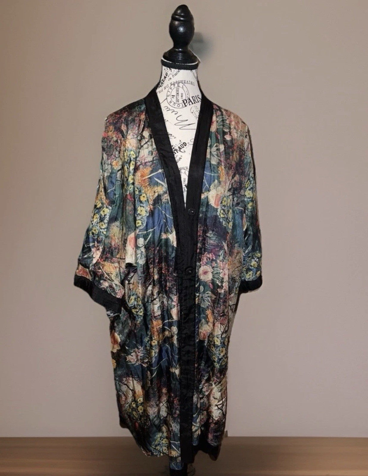 Johnny Was Sz L Black 100% Silk & Sequins KIMONO Long Duster Coat REVERSIBLE Johnny Was