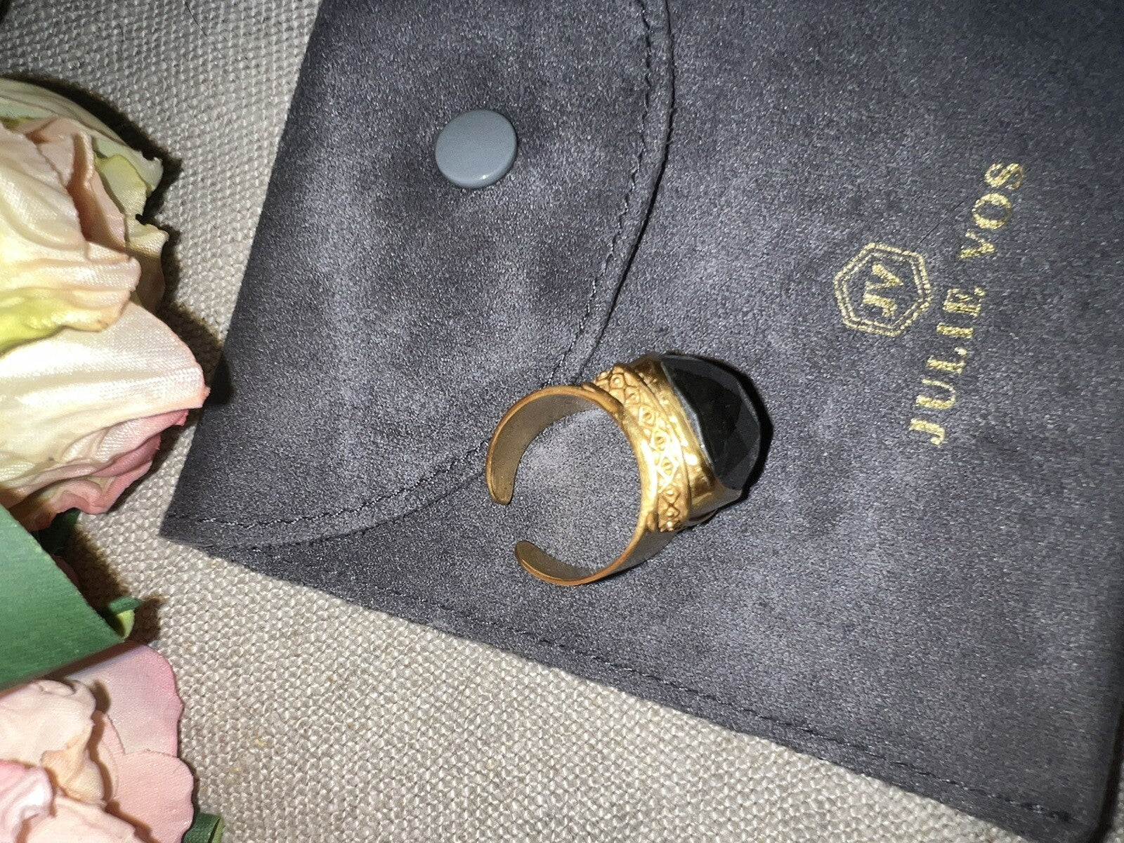 Julie Vos Sz 9 Cuff Ring ADJUSTABLE Real Labradorite & 24k Gold Plated Julie Vos