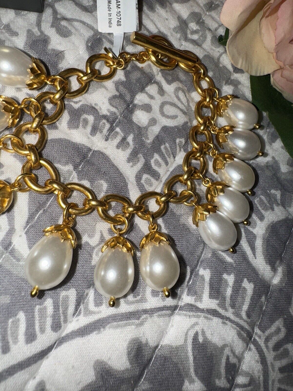 Julie Vos Pearl Charm Link Bracelet Toggle 24k Gold Plated   RETIRED