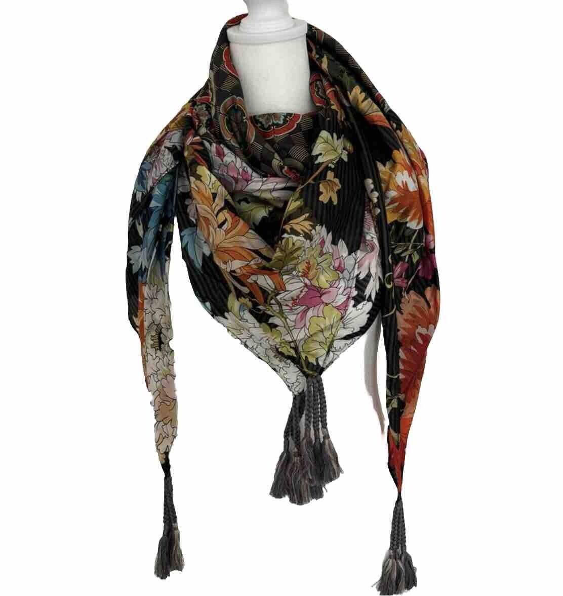 Johnny Was 100% Silk Scarf Tassels Beautiful Floral Print 44” X 44” Tags Removed