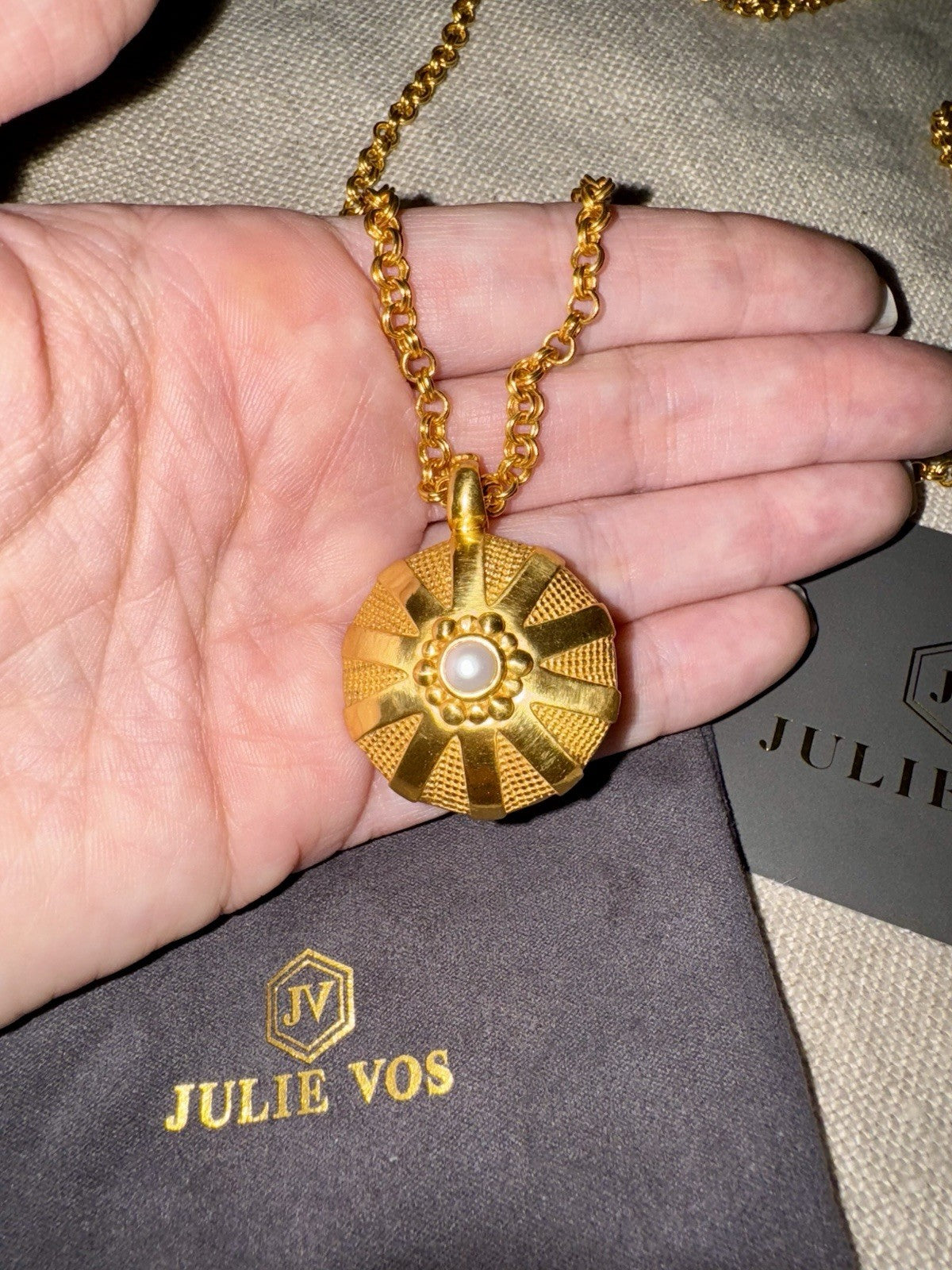 Julie Vos Pearl Statement Necklace Link & 3D Pendant 24k Plated $395 Retail Julie Vos