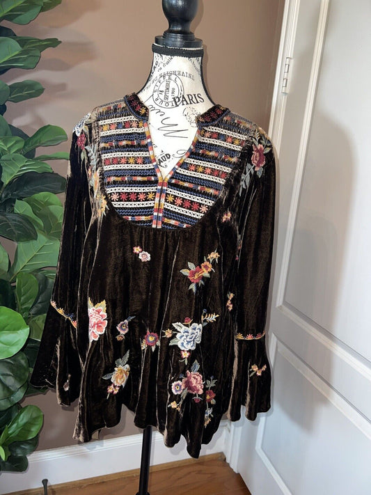 Johnny Was BOHO Brown Velvet Peasant Tunic Top Kimono sleeves L Large