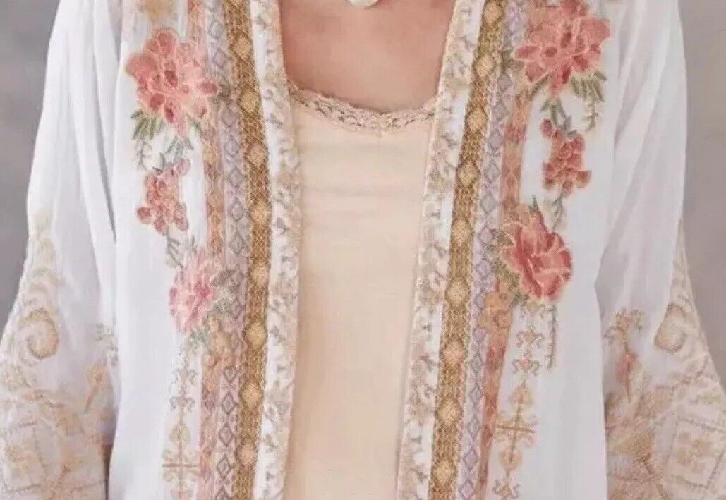 Johnny Was XXL 2X Silky White Kimono Heavily Embroidered BOHO Pockets Roses