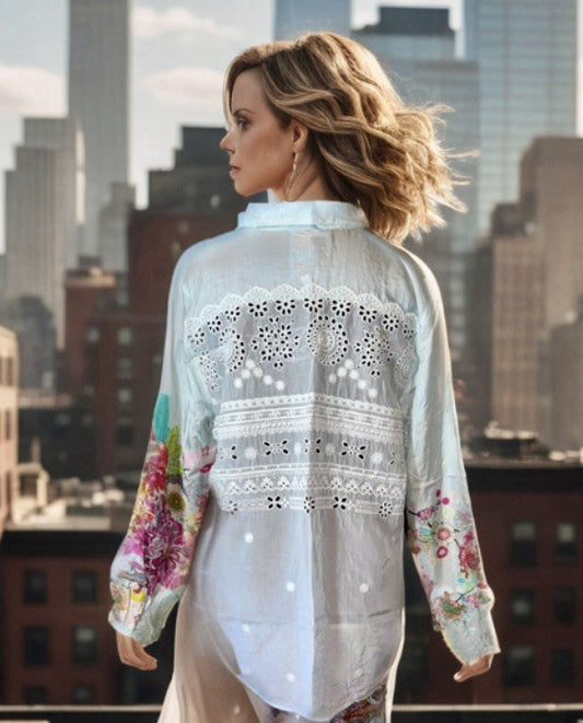 Johnny Was M 100% Silk Soft Blue Button Up Top Long Sleeve Eyelet Lace Cool Rose Johnny Was