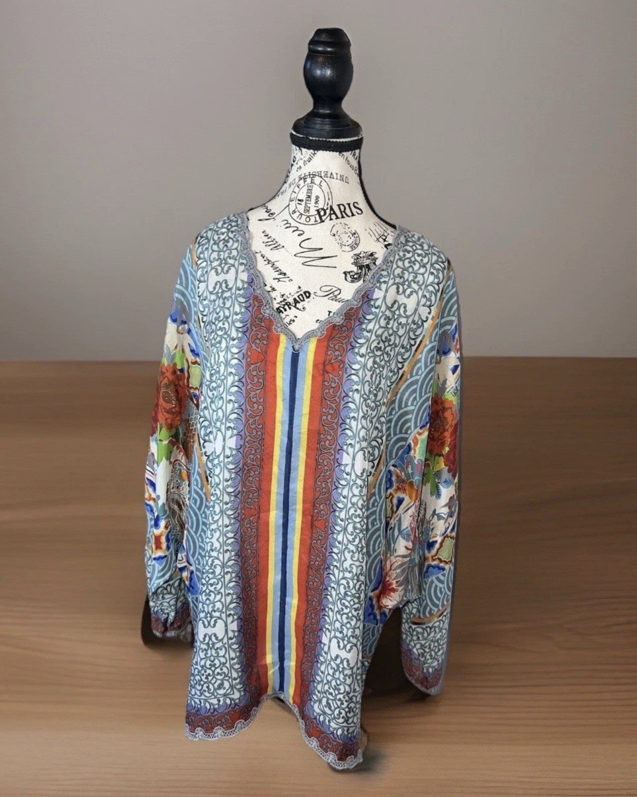 Johnny Was XL 100% Silk Long Sleeve Tunic Top Dragon Blouse Shirt Asian BOHO Johnny Was