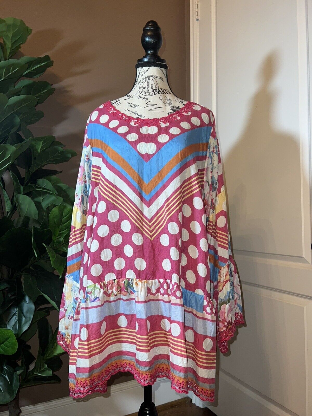 Silk Johnny Was Tunic Top 1X 1XL 100% Silk Kimono Sleeves Pink Dots