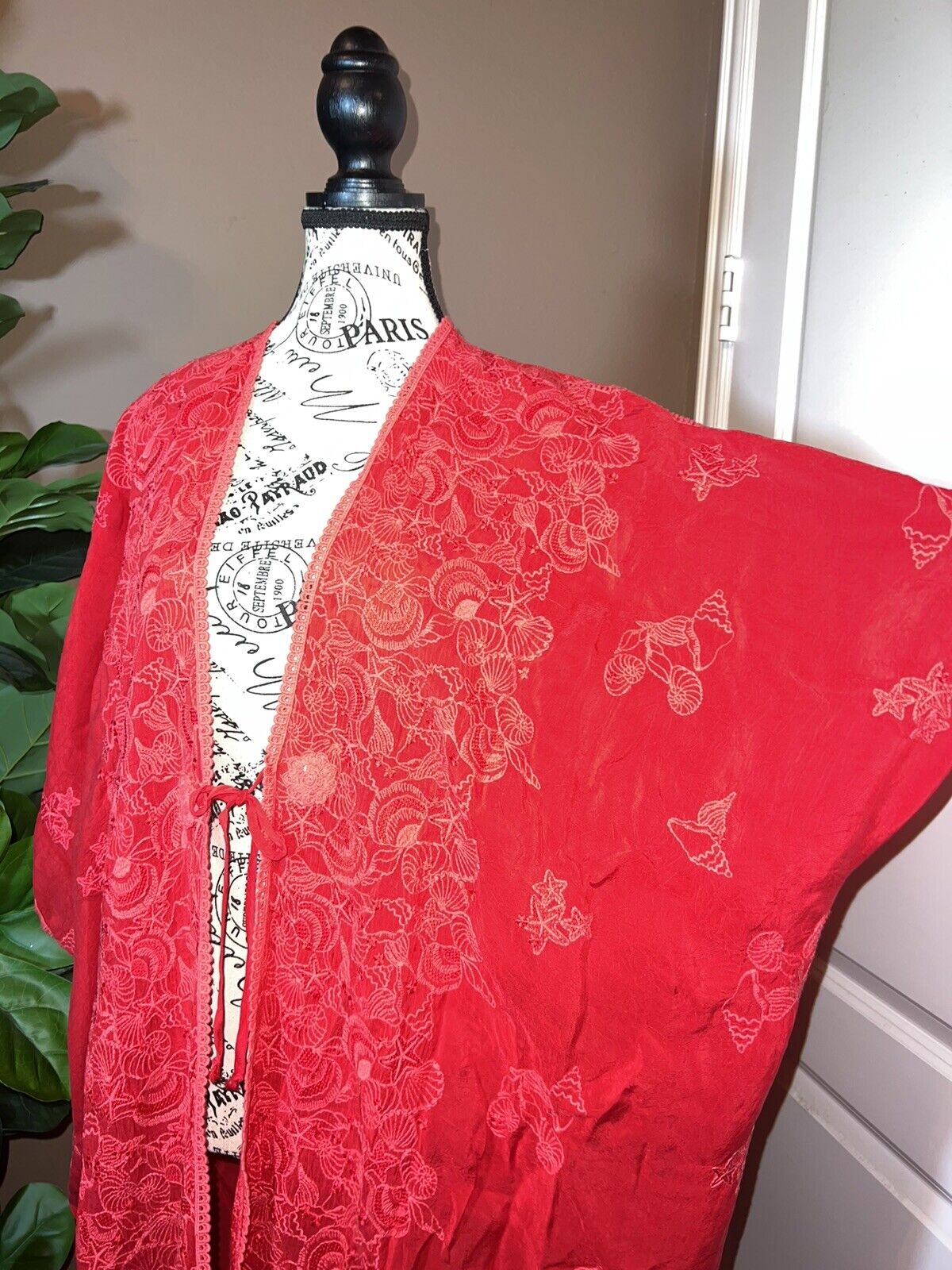 Johnny Was O/S Silky Embroidered Kimono Wrap Dress Cover Up Red Raspberry