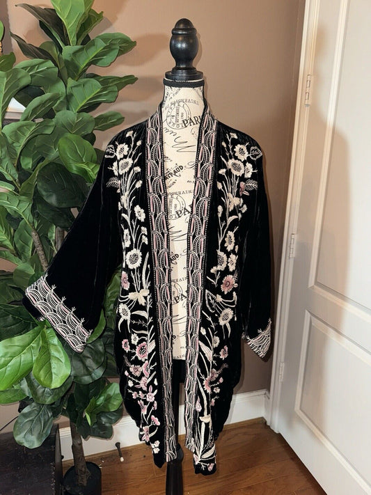 Johnny Was Black Velvet Long Kimono Duster Wrap M Medium Embroidered