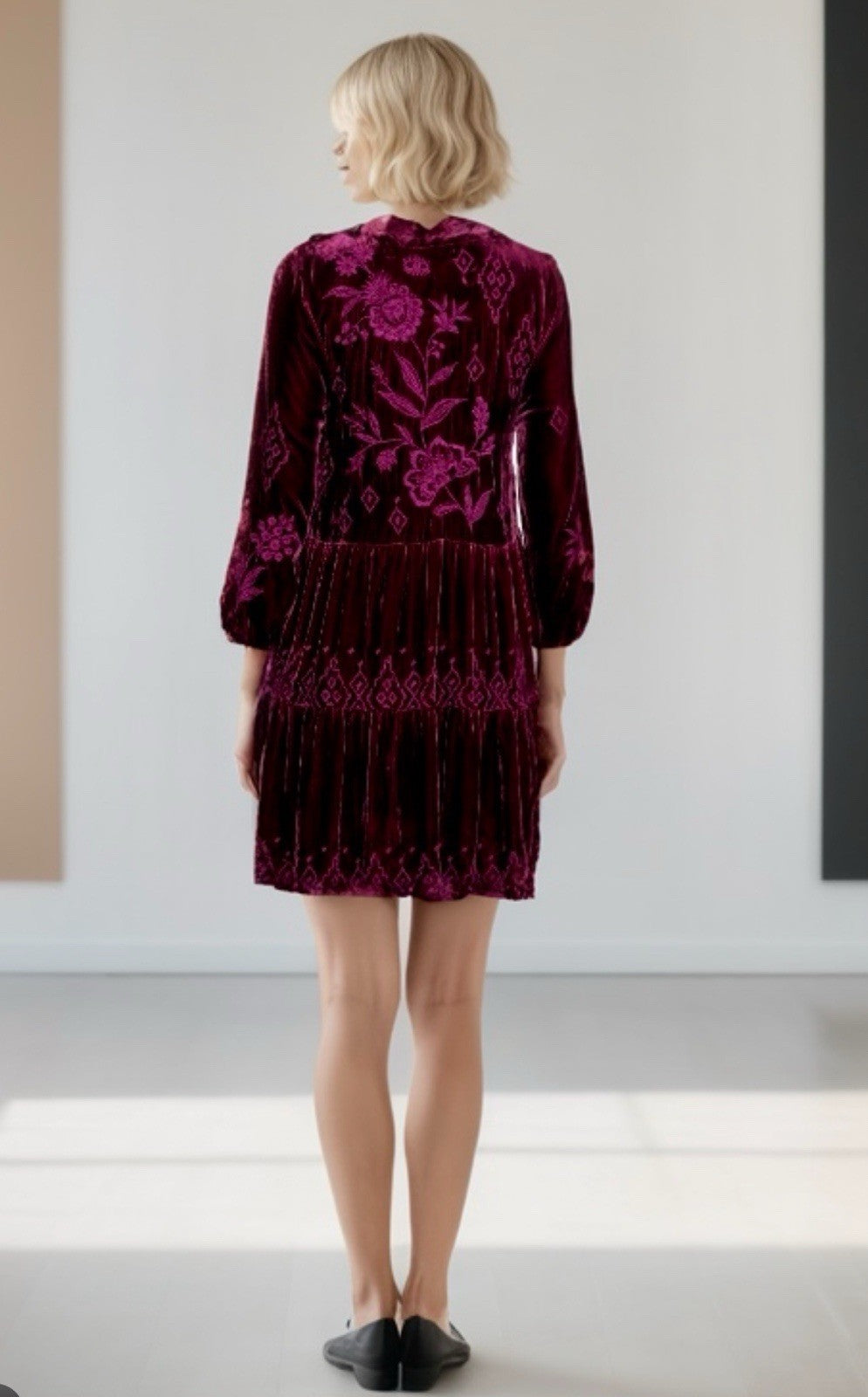 JOHNNY WAS XL VELVET Mini Dress Eggplant Purple Tiered Peasant Top Tassels Johnny Was