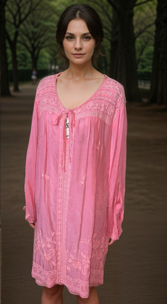 Johnny Was 2X Embroidered Tunic Top Pink Eyelet Lace Peasant Blouse Mini Dress Johnny Was