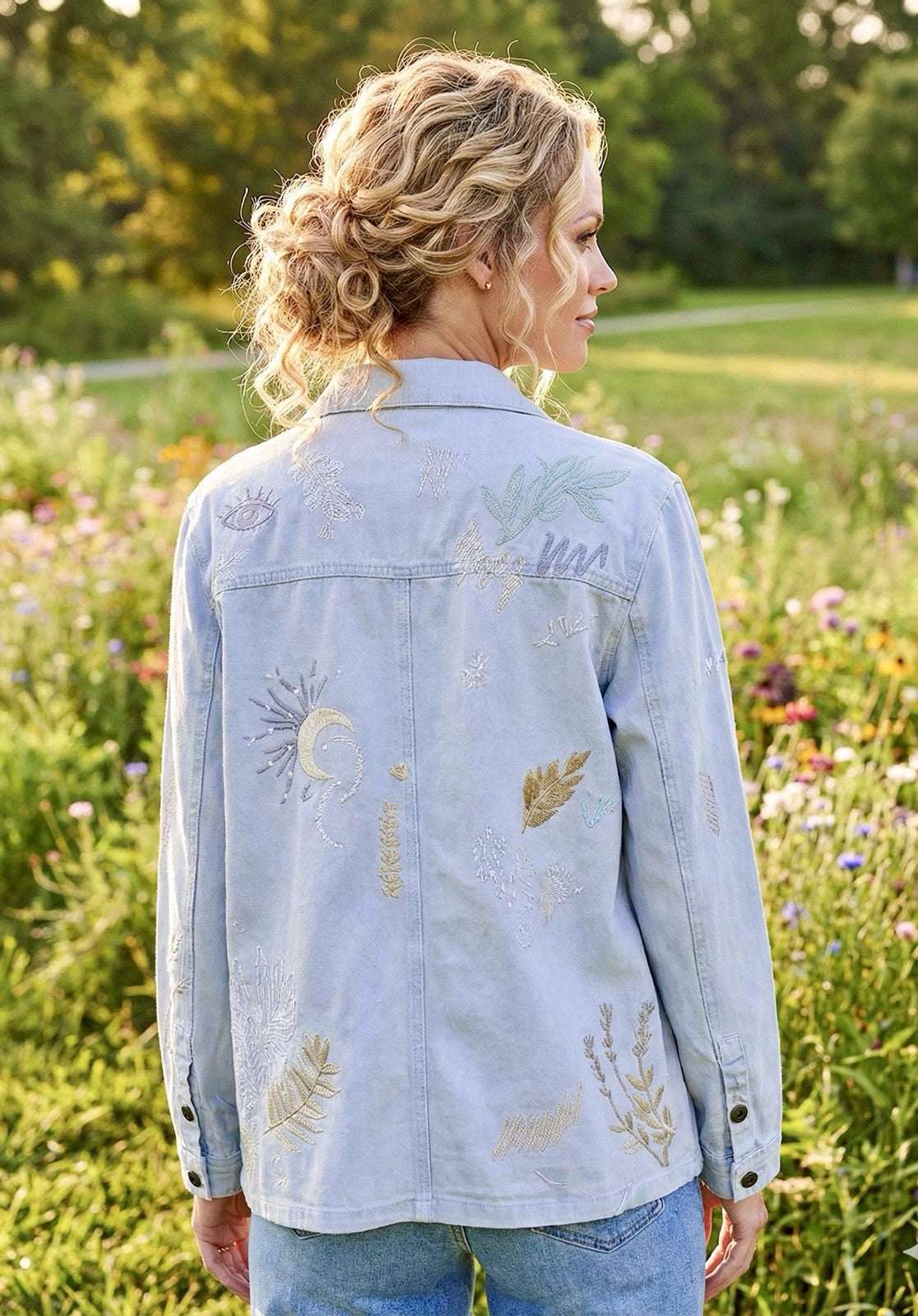 Johnny Was S Sezane Denim Worker Jacket Coat Light Blue Embroidered Johnny Was