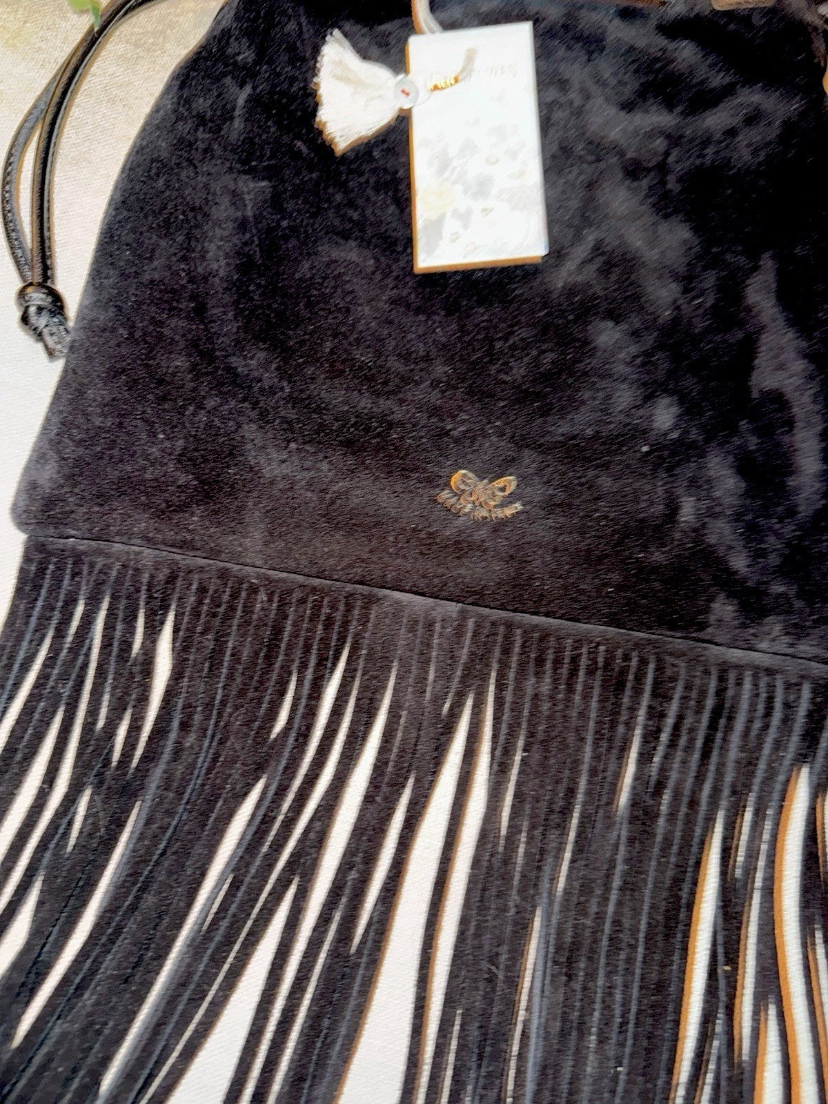 Johnny Was Black Suede Leather Crossbody Bag Purse Tote Hobo Tassels Johnny Was