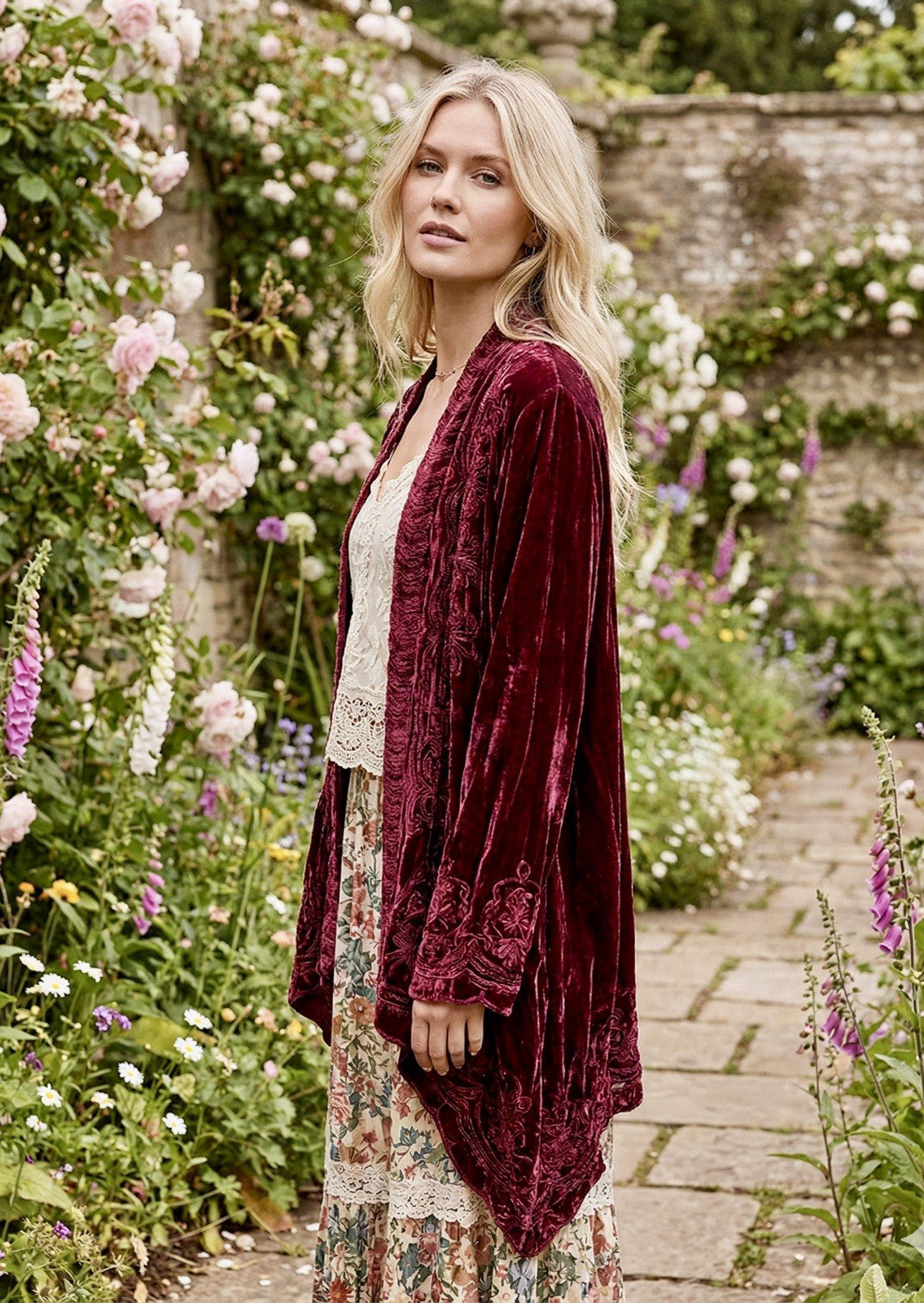 Johnny Was L Large Deep Wine Red Velvet Kimono Wrap Cardigan Tonal Embroidery Johnny Was