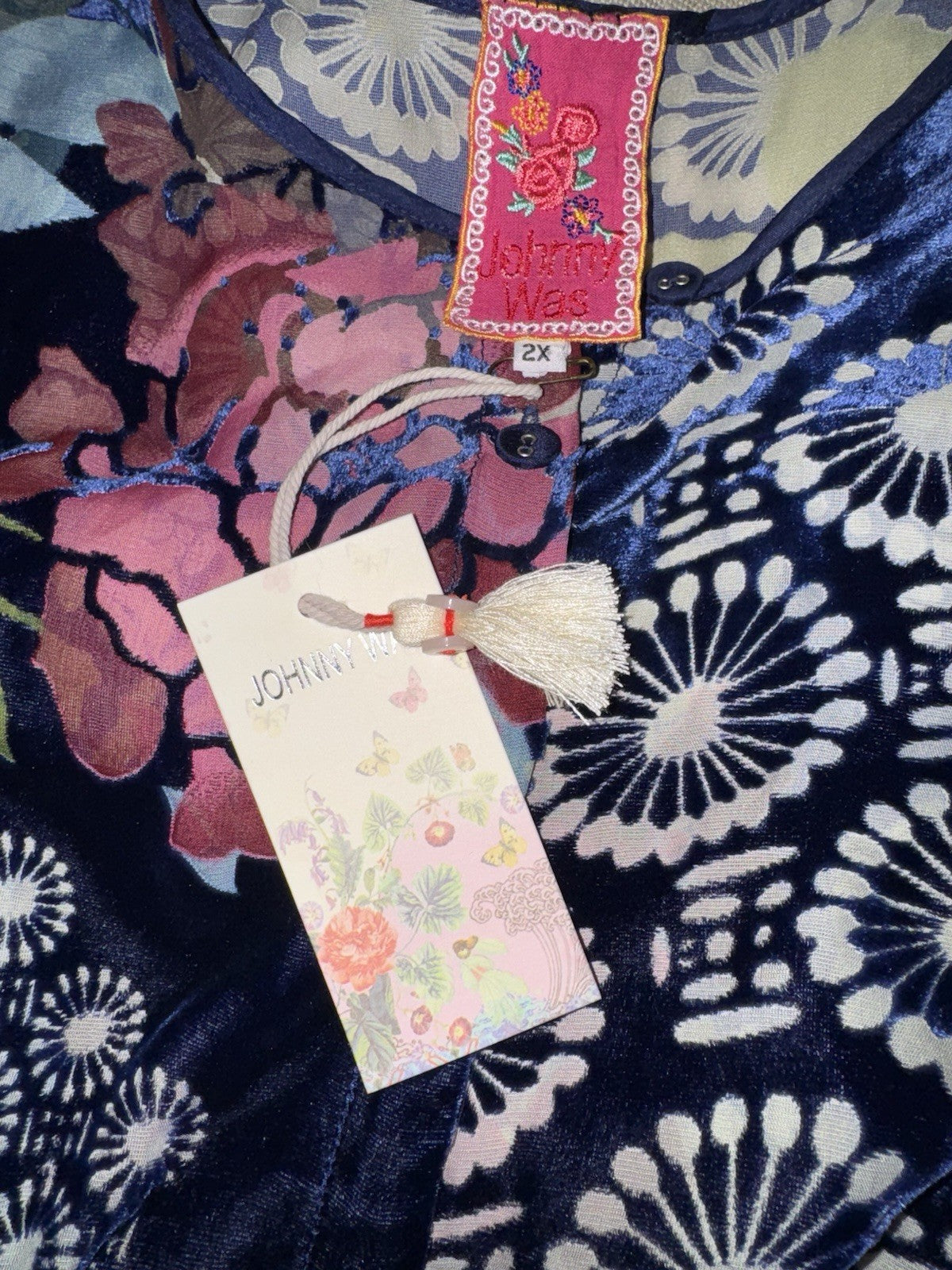 Johnny Was 2X Plus Blue Burnout Velvet Button Up Blouse Shirt Tunic Top Johnny Was