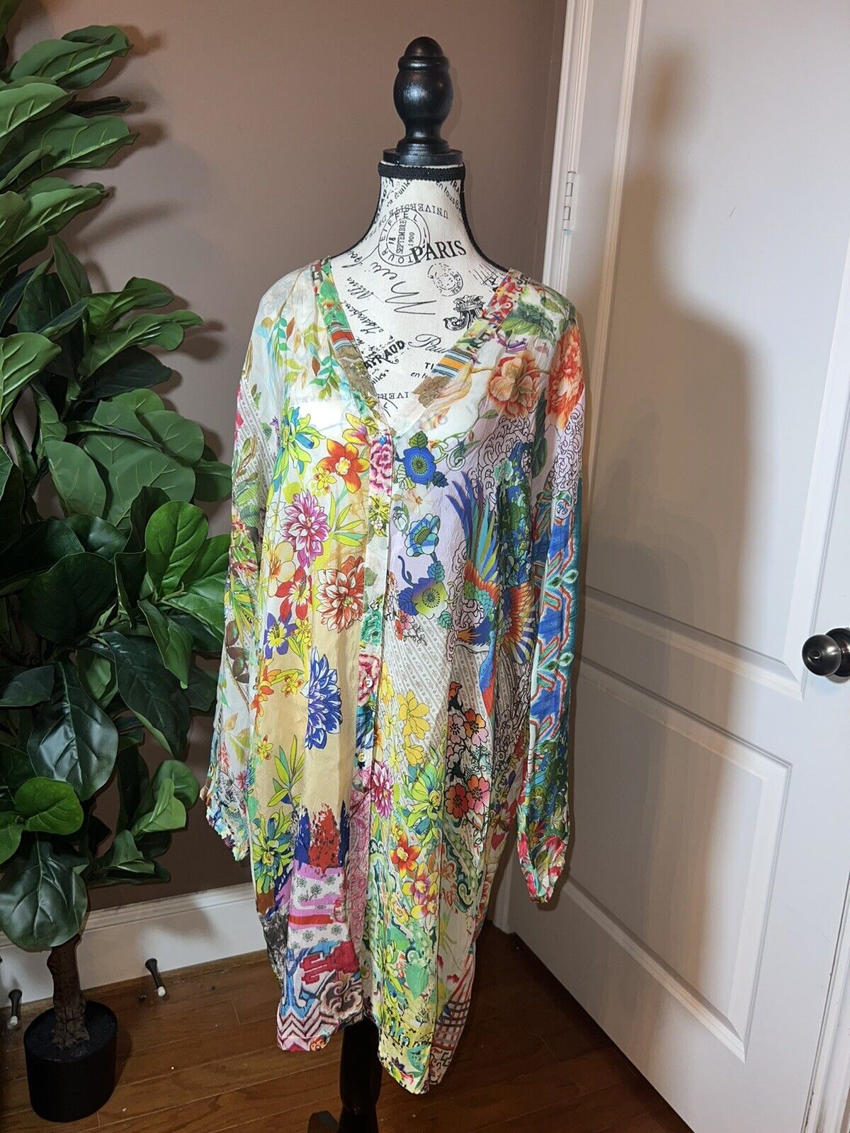 Johnny Was Silky Floral & Phoenix Long Sleeve Tunic Top Mini Dress L  Kimono