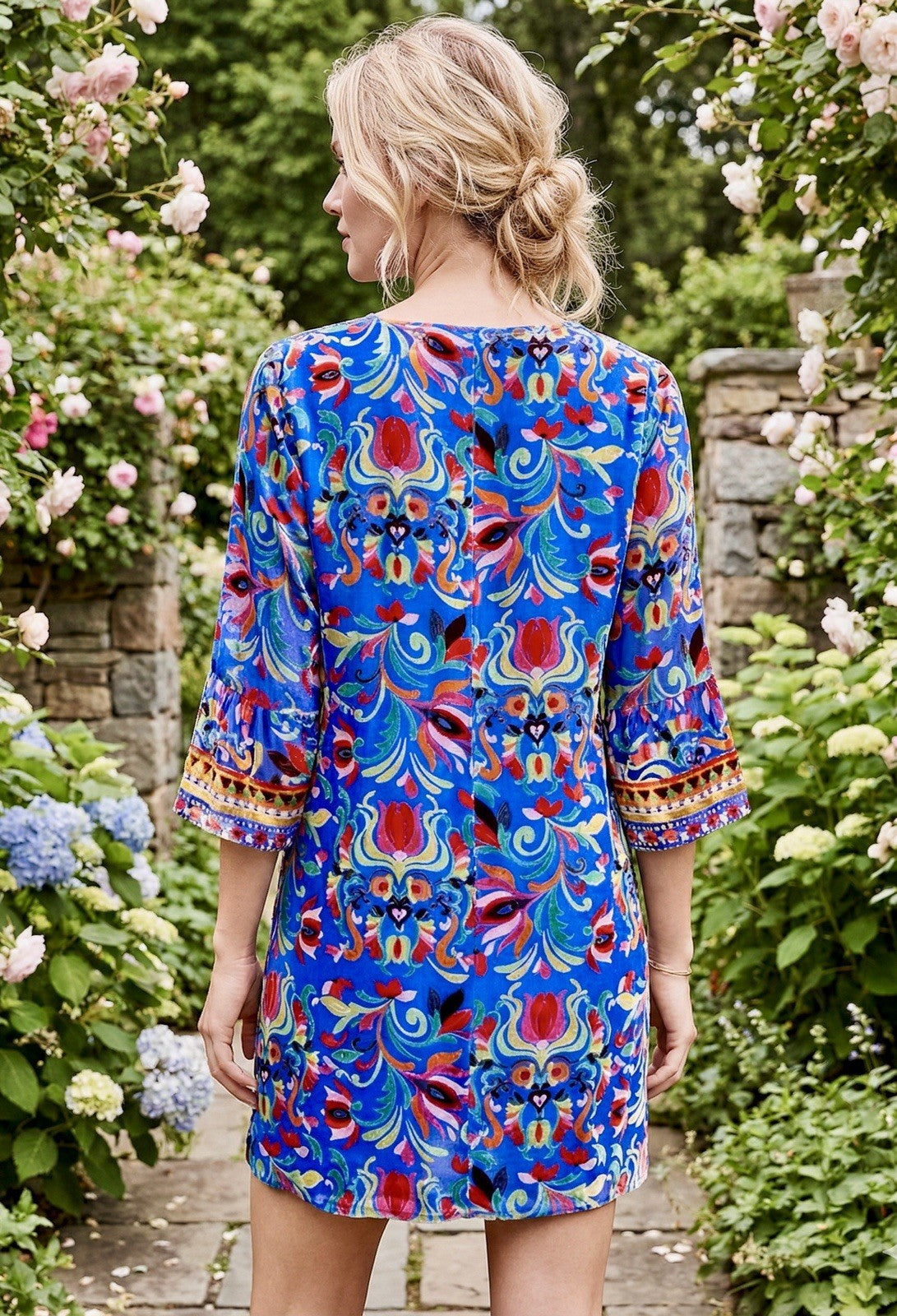 Johnny Was XXL Burnout Velvet Blue & Red Mini Shift Dress Silk Lining $388 Johnny Was