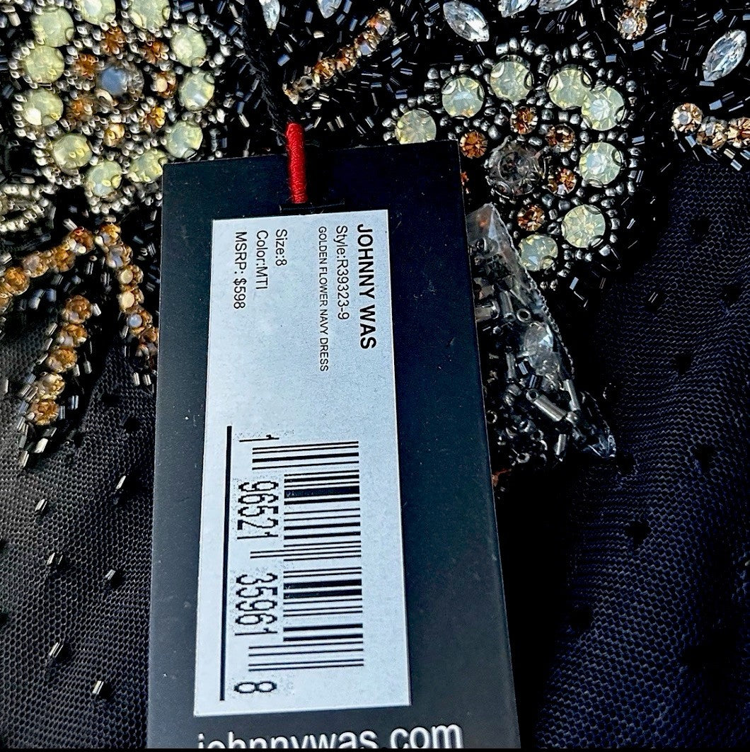 Johnny Was Black Label Sz 8 Jeweled Mesh MIDI Dress Dark Navy $598 Ret Johnny Was