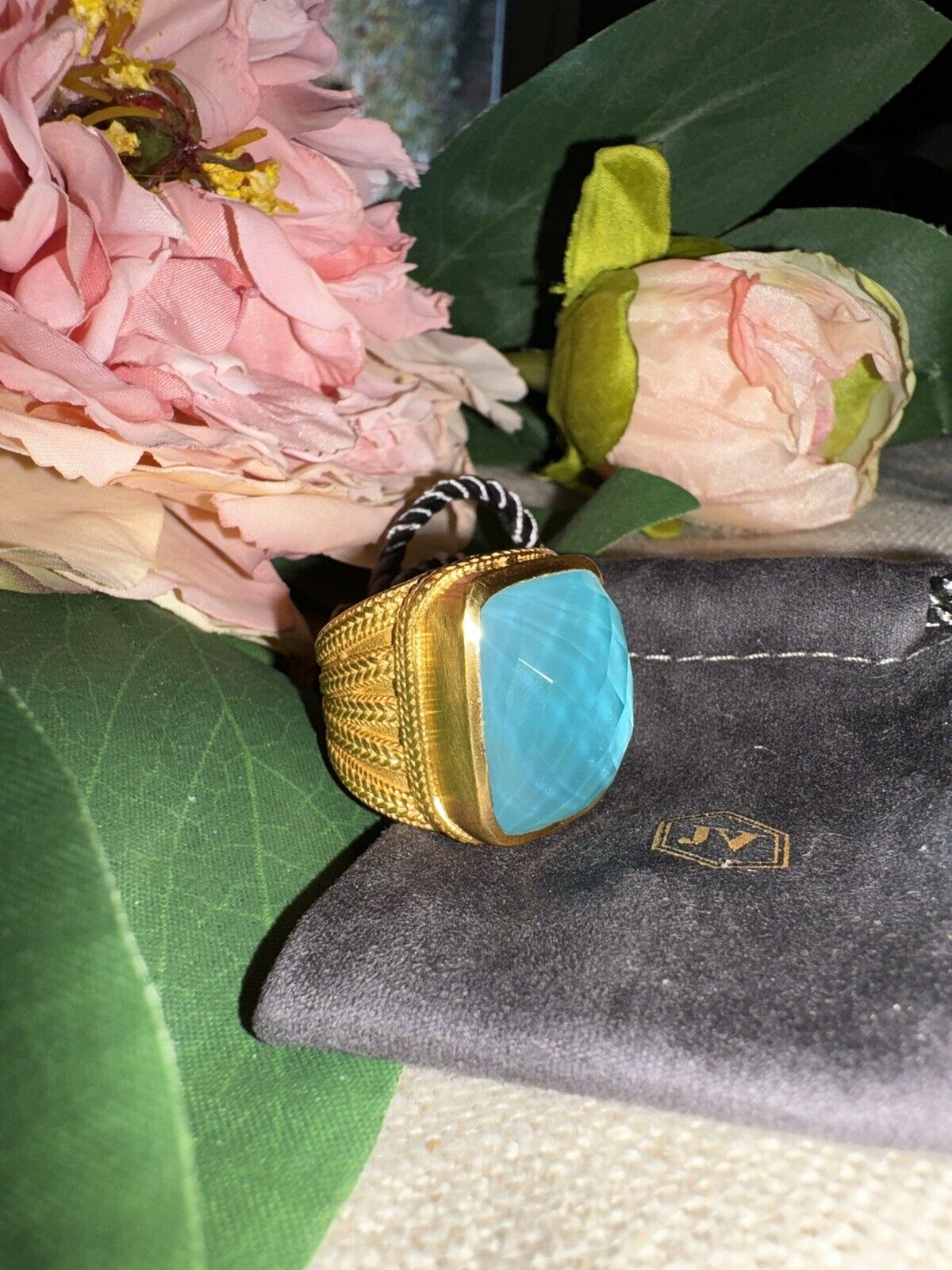 NEW Julie Vos Ring Iridescent Bahamian Blue & 24k Gold Plate Sz 7 ADJUSTABLE NWT