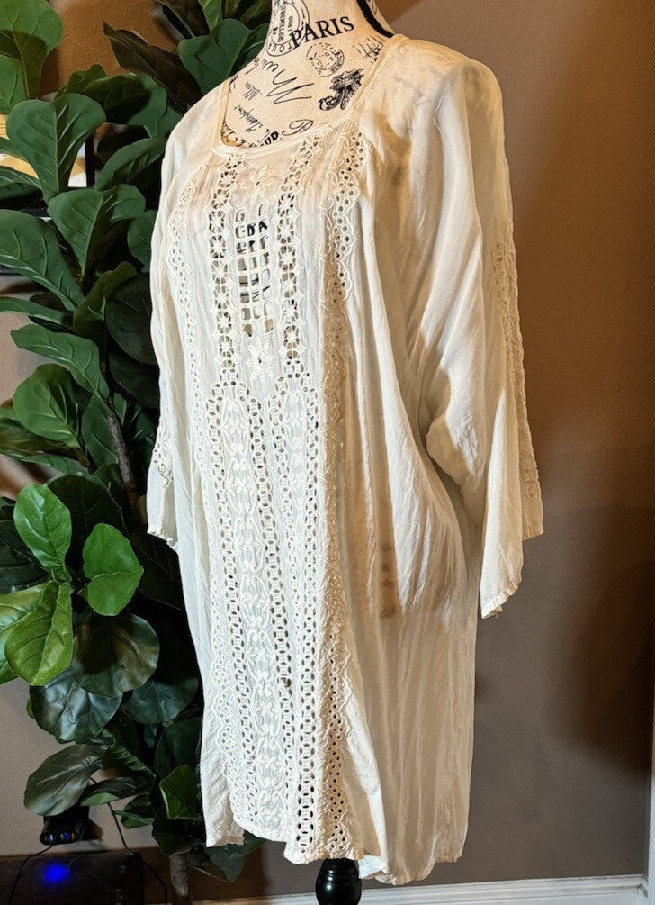 Johnny Was 3X Ivory Long Sleeve Tunic Top Blouse Shirt Off White Eyelet Lace Johnny Was