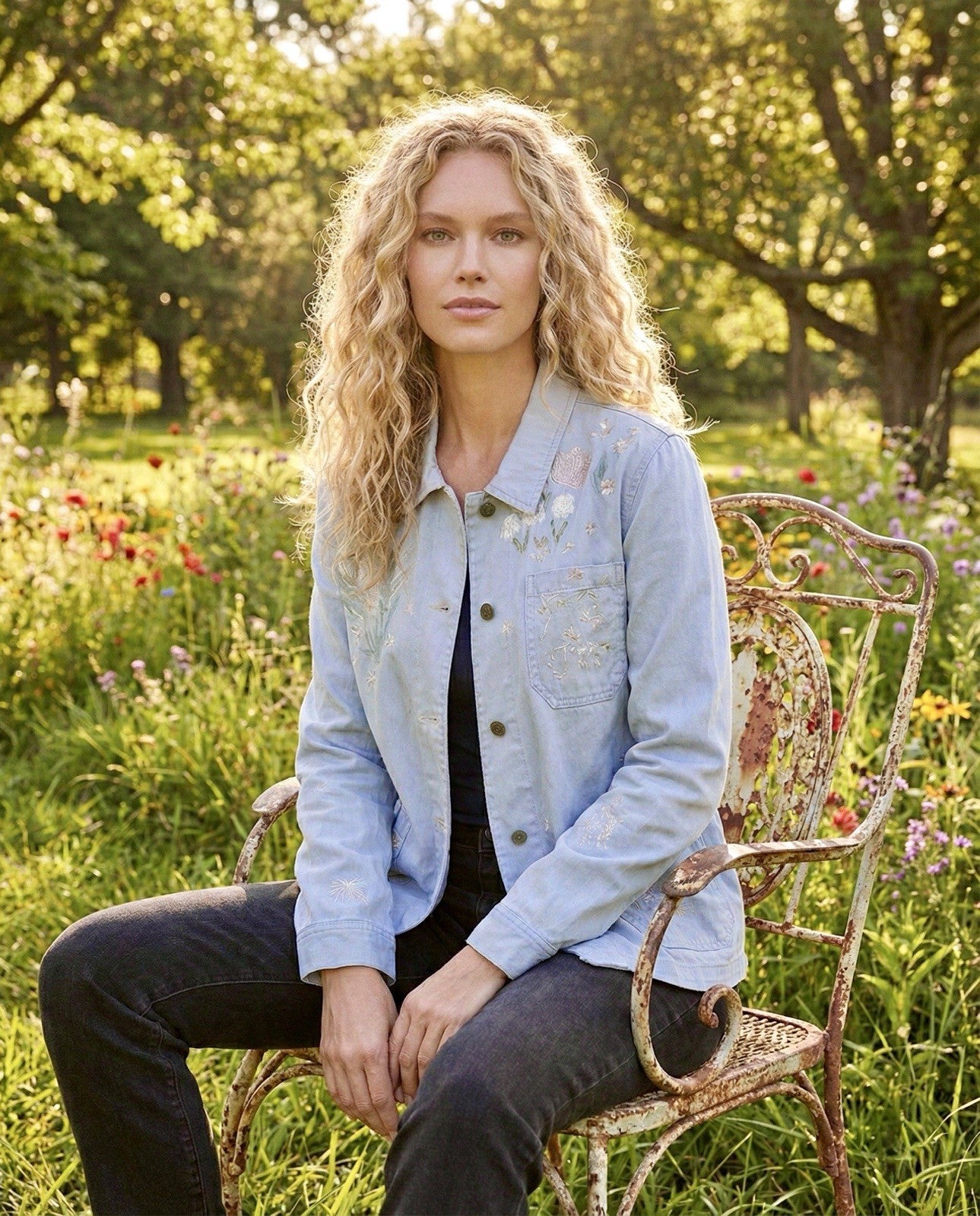 Johnny Was S Sezane Denim Worker Jacket Coat Light Blue Embroidered Johnny Was