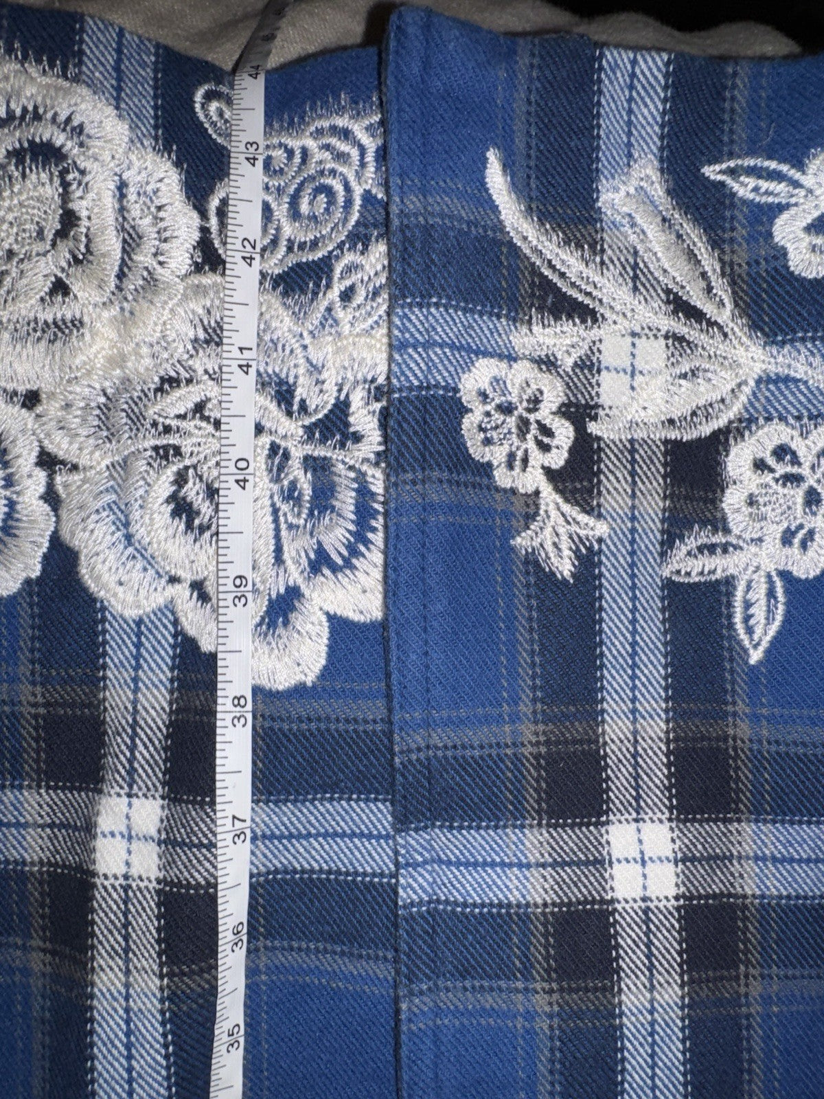 Johnny Was L Large Blue Plaid Trench Coat Jacket MIDI Embroidered Dragon Johnny Was