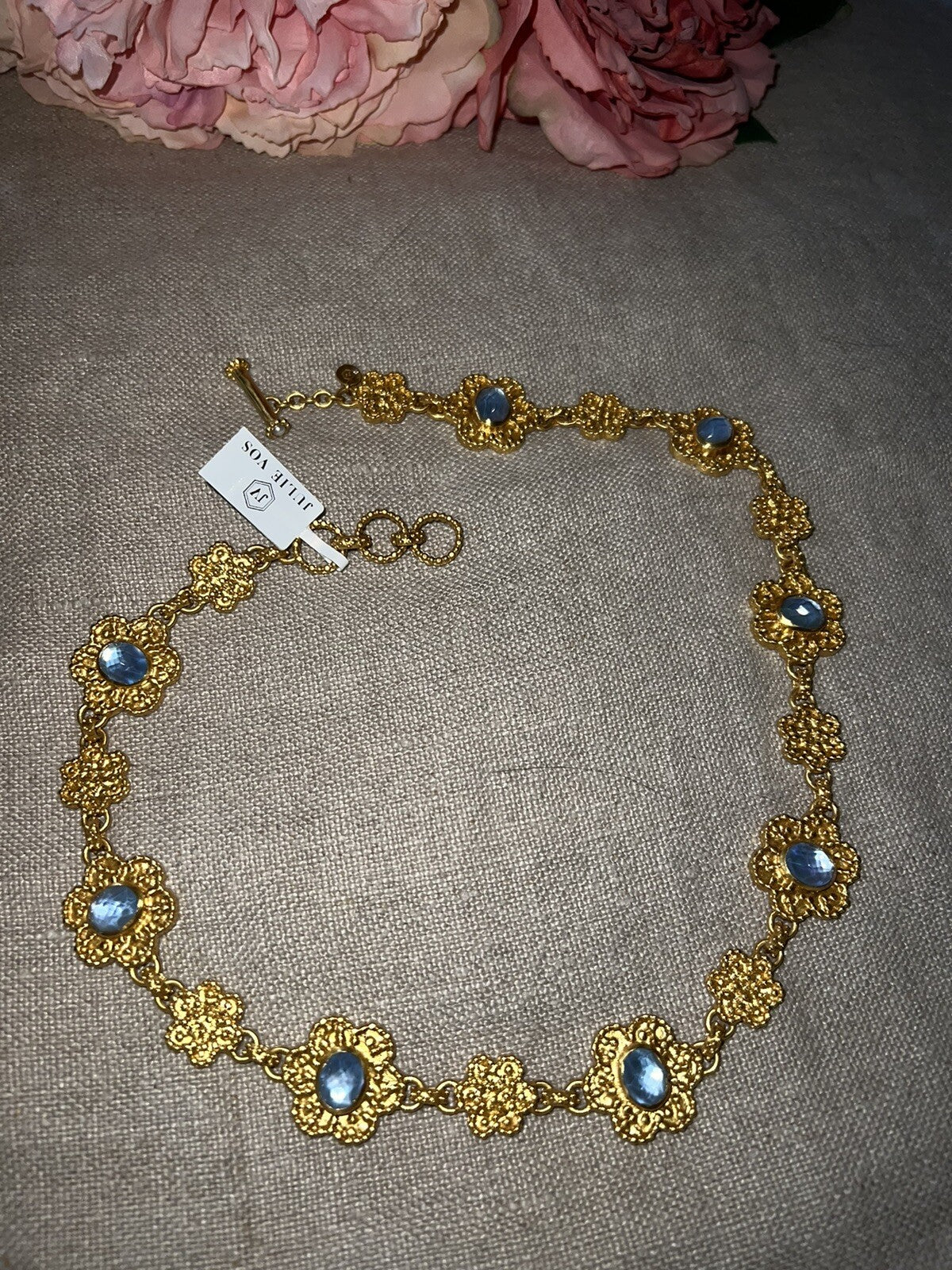 Julie Vos Blue Flower Statement Necklace Toggle Link 24k Gold Plate Chain Julie Vos