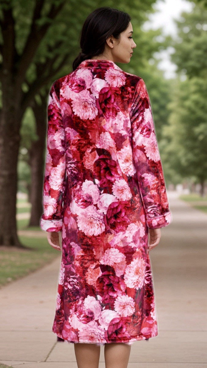 Johnny Was L Large Red Roses Zip Up Robe Bathrobe Housecoat Soft & Warm Johnny Was