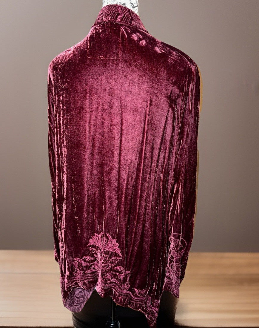 Johnny Was L Large Deep Wine Red Velvet Kimono Wrap Cardigan Tonal Embroidery Johnny Was