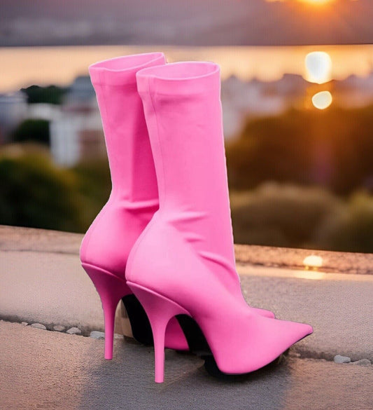 Balenciaga Knife Bootie Spandex Matt Fluo Pink Kitten Heel Boots EU 38.5