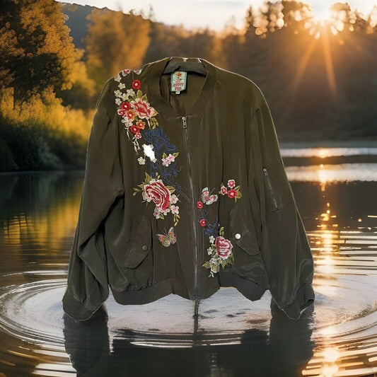 Johnny Was Silk Embroidered Bomber Jacket Coat petite XXL  Flight $495