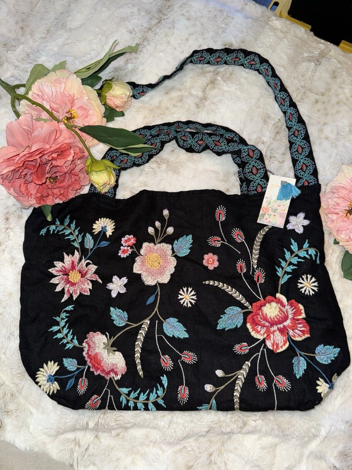 Johnny Was Large Black Linen Hobo Bag Tote Purse Embroidered Crossbody