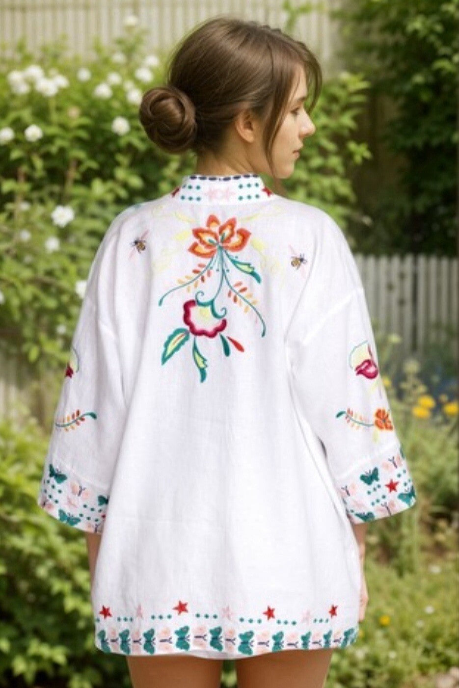 Johnny Was 2X White Linen Kimono Colorful Embroidery Top BOHO Wrap Jacket Johnny Was