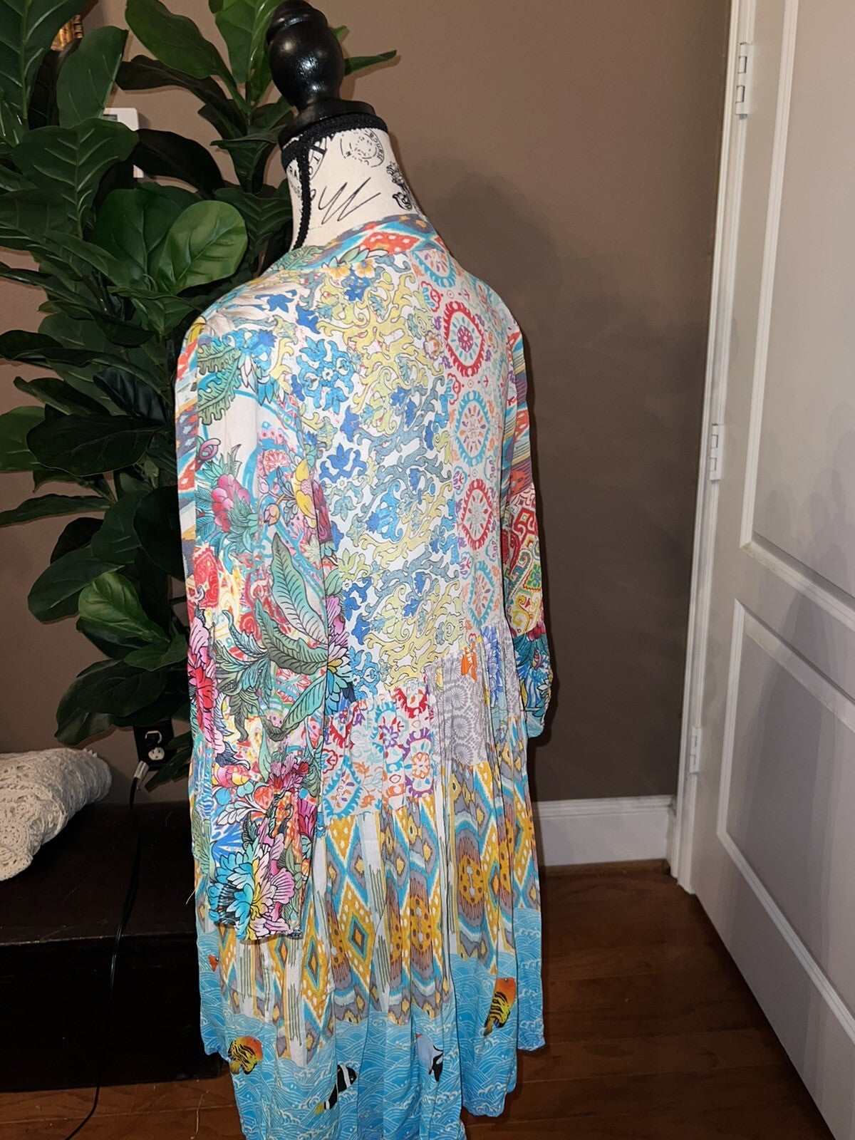 Johnny Was SZ L Large Cotton Floral Tunic Top Mini Dress Kimono Sleeves Tassels Johnny Was