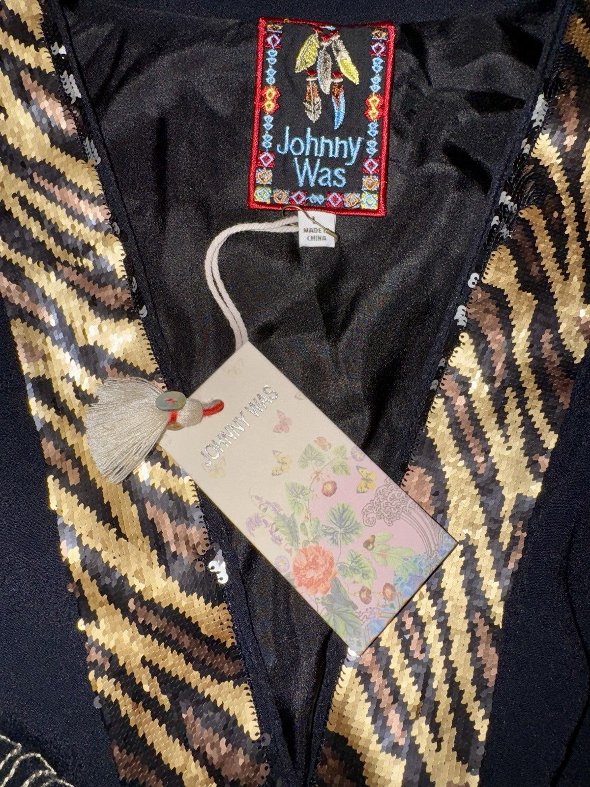 Johnny Was $490 L Large Black & Gold Sequin Kimono Jacket Tiger Silk Lined Johnny Was