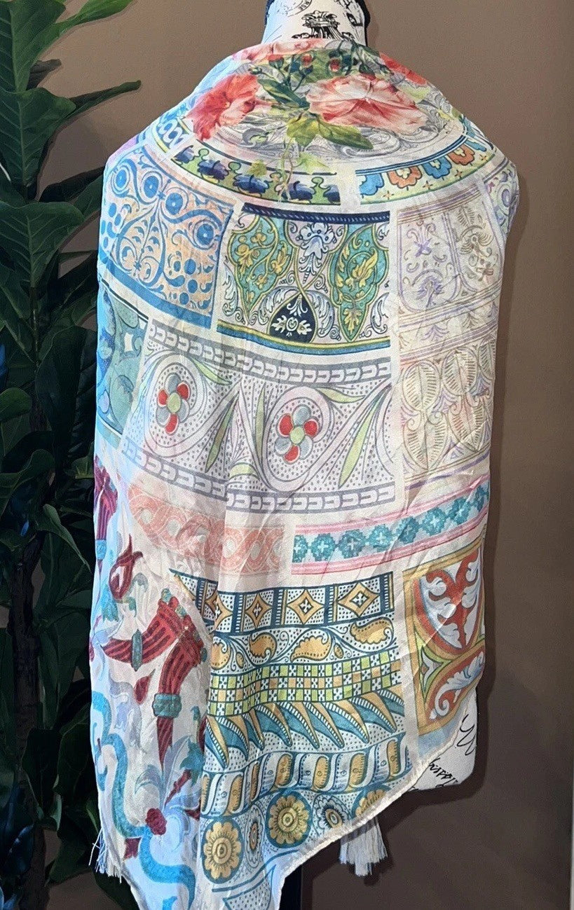 Johnny Was Silk Scarf w/ Tassels & Roses Beautiful Condition Johnny Was