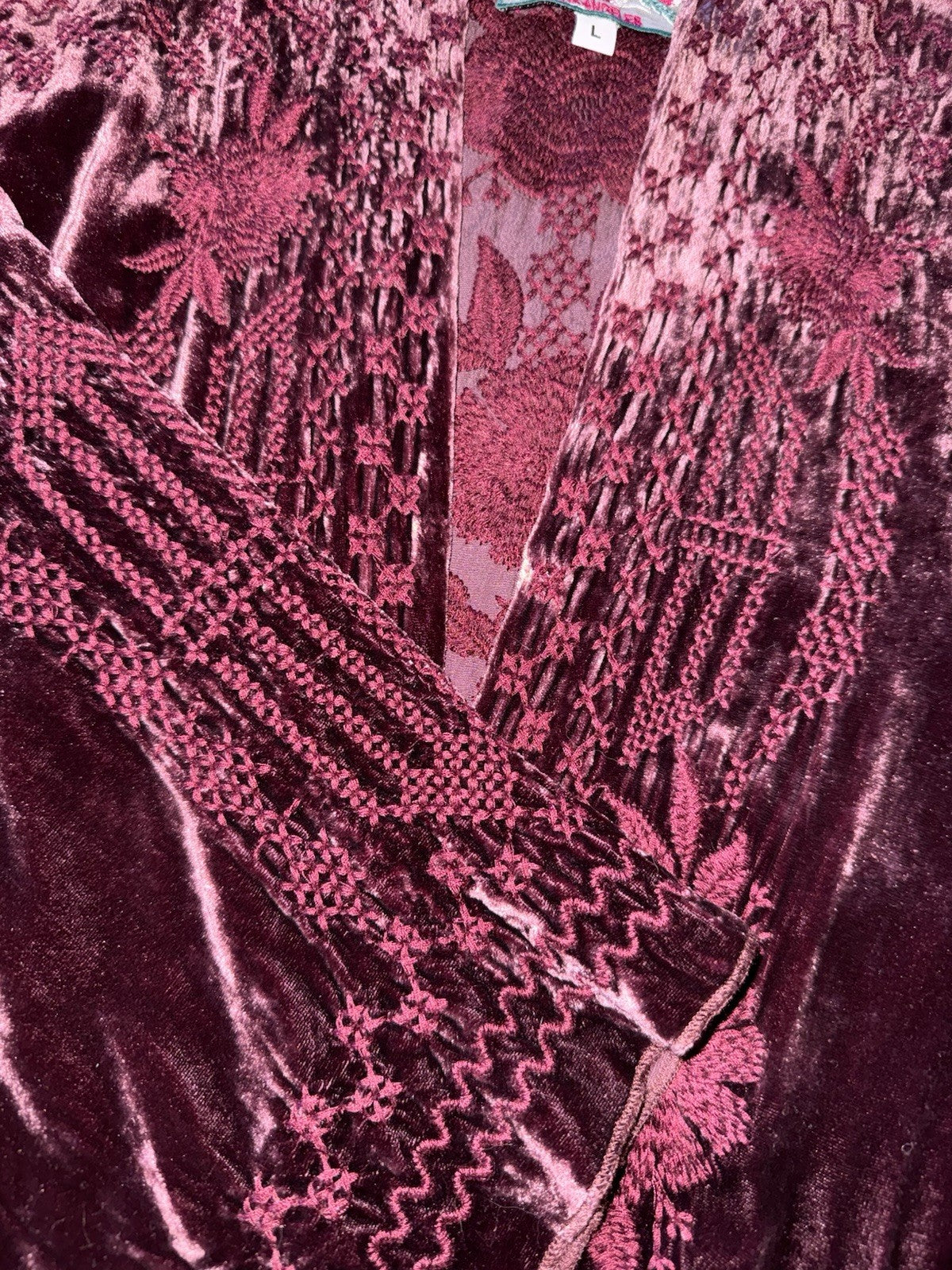 Johnny Was L Wine Red Velvet Kimono Wrap Embroidery Cardigan Lightweight Jacket Johnny Was