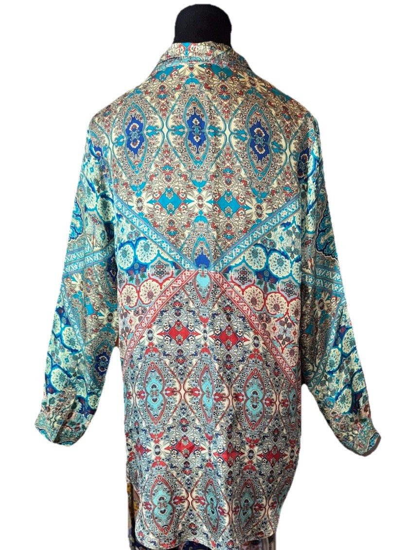 Johnny Was L 100% Silk Button Up Blouse Tunic Top Long Sleeve Lightweight Cool Johnny Was