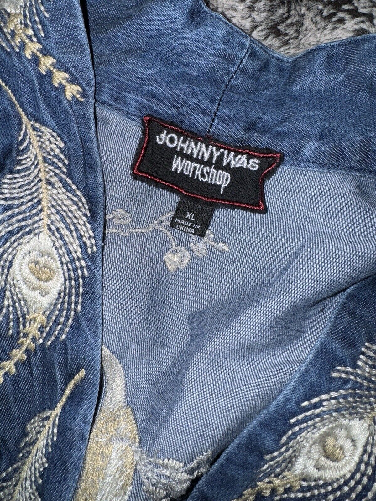 Johnny Was 2pc Set Denim XL Kimono & L Wide Leg Pants Embroidered Crane RARE