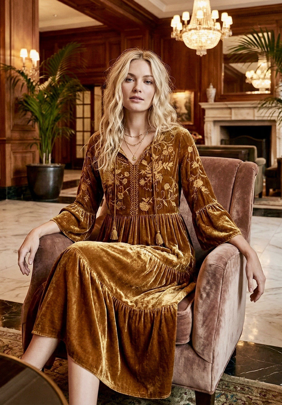 JOHNNY WAS L Large Golden Brown Velvet Midi Dress Tiered Embroidered Maxi Johnny Was
