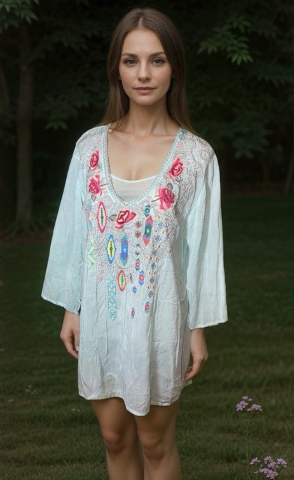 Johnny Was XL Baby Blue Tunic Top Cool Lightweight Silky Soft BOHO Embroidery Johnny Was