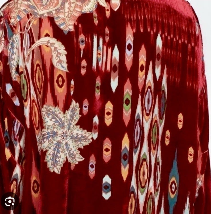 Johnny Was XL Red Burnout Velvet & Silk Button Up Blouse Tunic Top Shirt Johnny Was